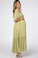 Green Smocked Square Neck Ruffle Hem Maternity Maxi Dress