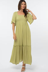 Green Smocked Square Neck Ruffle Hem Maternity Maxi Dress