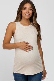 Beige Ribbed Sleeveless Maternity Top