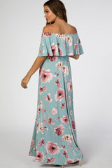 Mint Green Floral Off Shoulder Maternity Maxi Dress