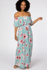 Mint Green Floral Off Shoulder Maternity Maxi Dress