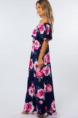 Navy Floral Off Shoulder Flounce Maxi Dress