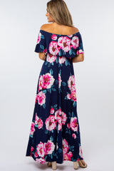 Navy Floral Off Shoulder Flounce Maxi Dress