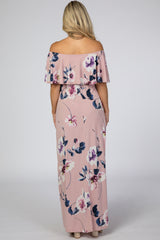 Mauve Floral Flounce Off Shoulder Maternity Maxi Dress