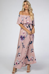 Mauve Floral Flounce Off Shoulder Maternity Maxi Dress