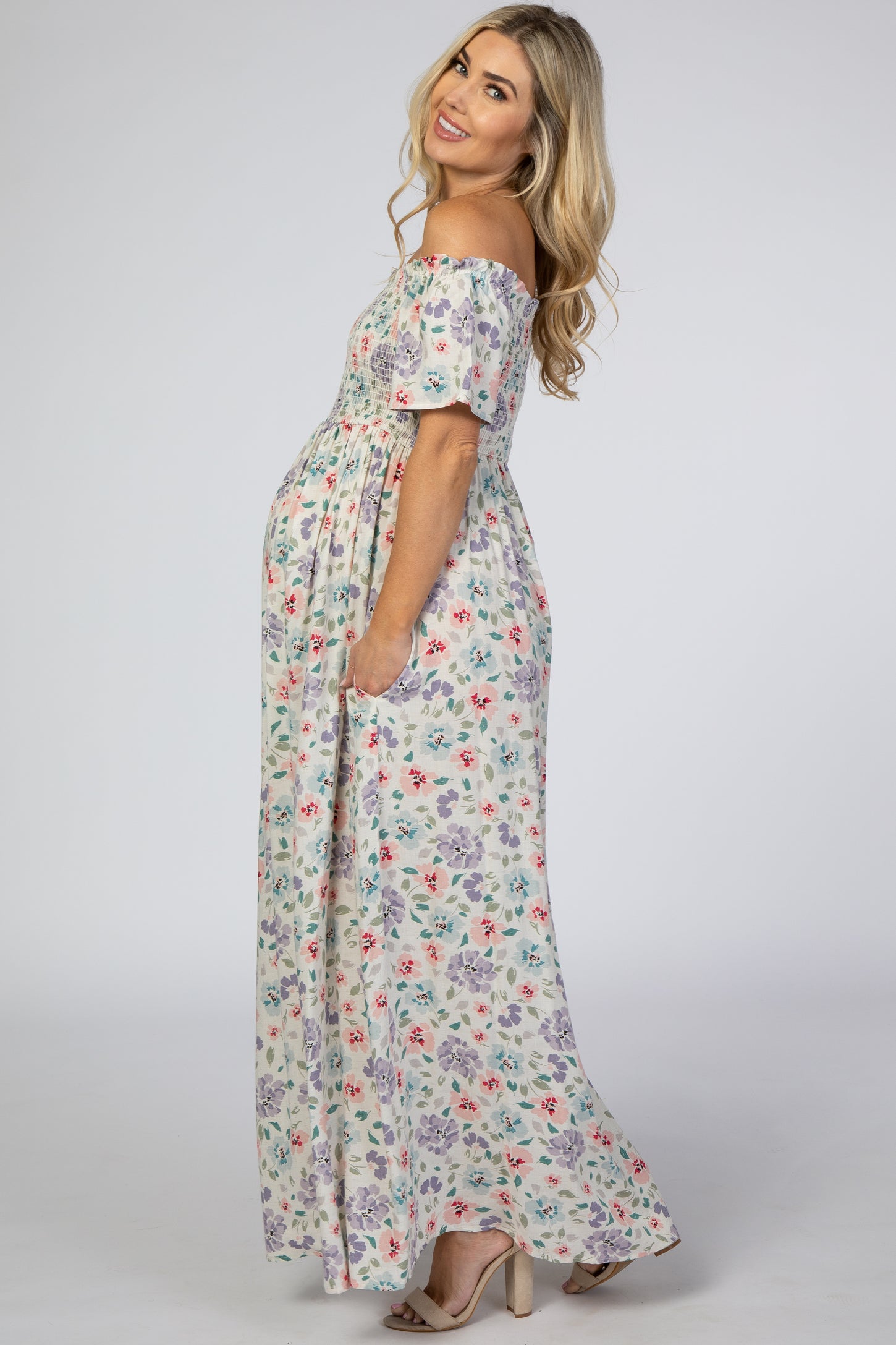 Ivory Floral Smocked Off Shoulder Maternity Maxi Dress– PinkBlush