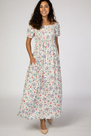 Ivory Floral Smocked Off Shoulder Maxi Dress