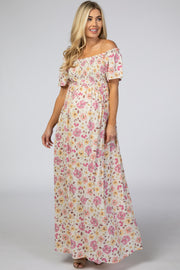 Pink Floral Smocked Off Shoulder Maternity Maxi Dress