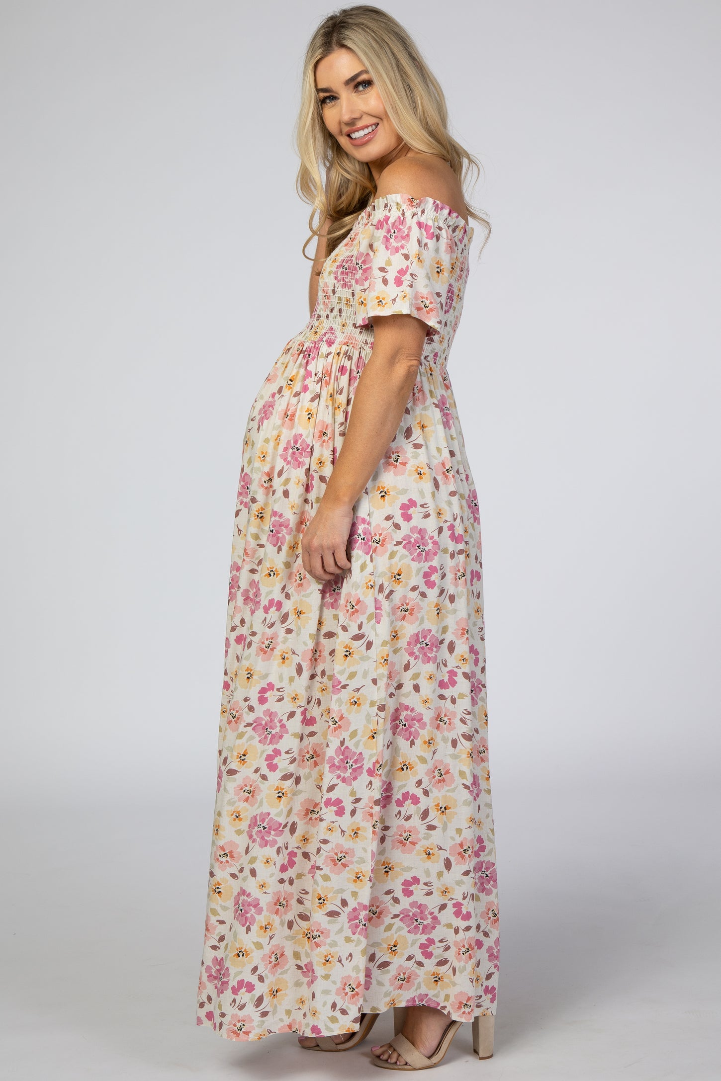 Pink Floral Smocked Off Shoulder Maternity Maxi Dress– PinkBlush