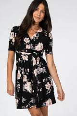 Black Floral Waist Tie Dress