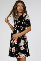 Black Floral Waist Tie Maternity Dress