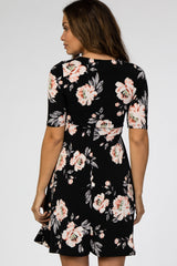 Black Floral Waist Tie Maternity Dress