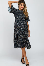 Black Floral Smocked Tiered Maternity Midi Dress