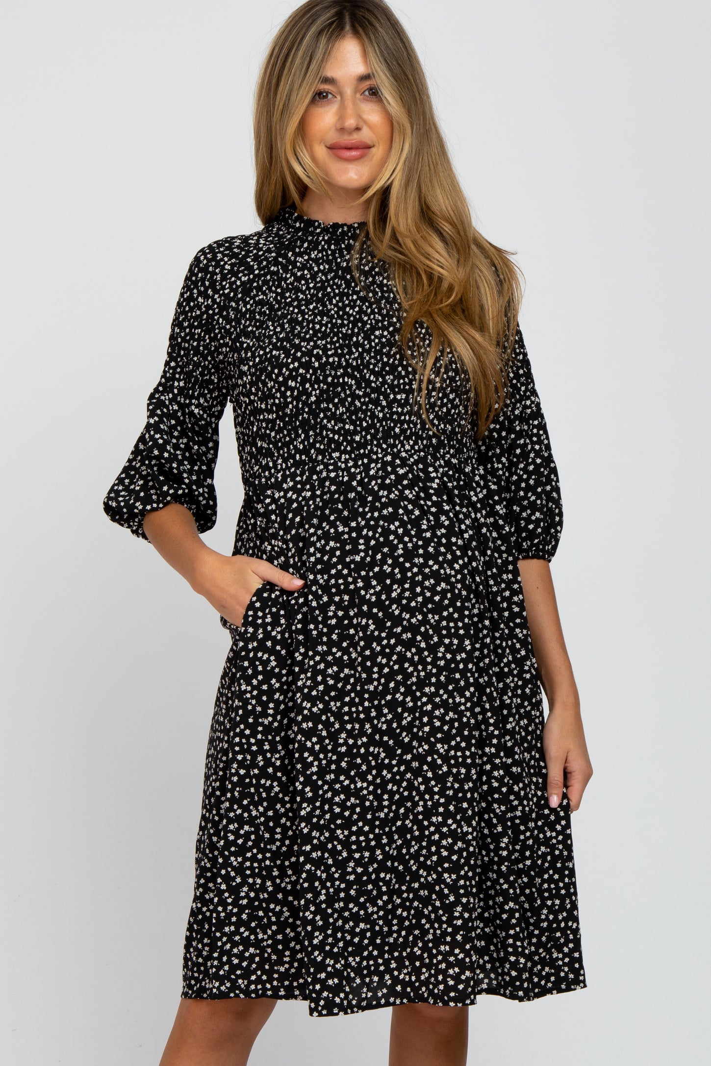 Black Ditsy Floral Smocked Maternity Dress– PinkBlush