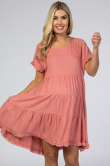 Mauve Pleated Tier Fringe Trim Maternity Dress