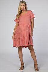 Mauve Pleated Tier Fringe Trim Maternity Dress