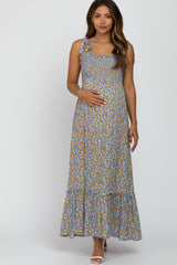 Light Blue Floral Tie Strap Maternity Maxi Dress