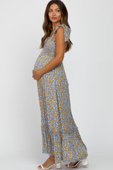 Light Blue Floral Tie Strap Maternity Maxi Dress