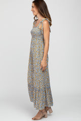 Light Blue Floral Tie Strap Maxi Dress