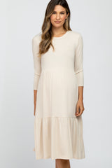 Beige Tiered Ribbed 3/4 Sleeve Maternity Midi Dress