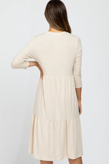 Beige Tiered Ribbed 3/4 Sleeve Maternity Midi Dress