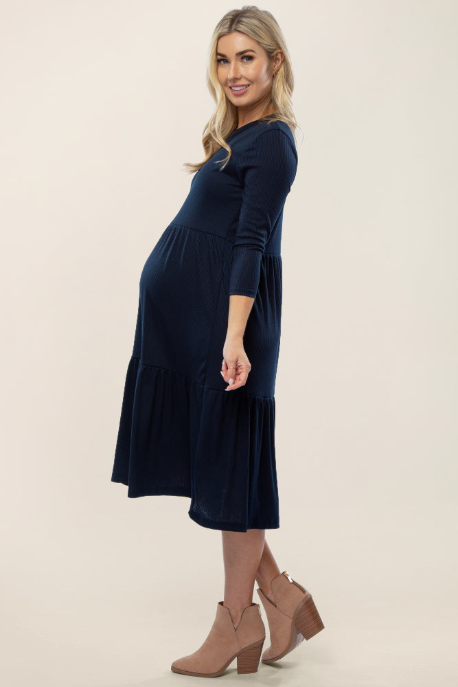 Navy Tiered Ribbed 3/4 Sleeve Maternity Midi Dress – PinkBlush