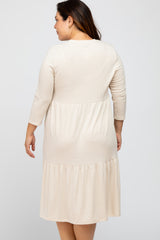 Beige Tiered Ribbed 3/4 Sleeve Plus Midi Dress