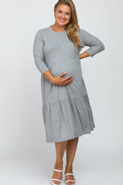 Heather Grey Tiered Ribbed 3/4 Sleeve Plus Maternity Midi Dress