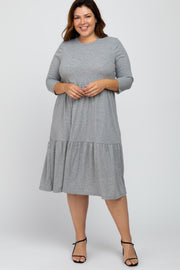 Heather Grey Tiered Ribbed 3/4 Sleeve Plus Midi Dress