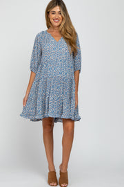 Blue Floral Tiered Smocked Split Neck Maternity Dress