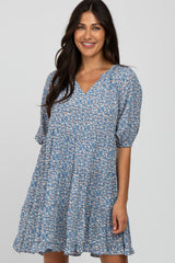 Blue Floral Tiered Smocked Split Neck Dress