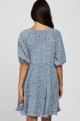 Blue Floral Tiered Smocked Split Neck Dress