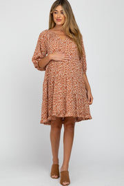 Rust Floral Tiered Smocked Split Neck Maternity Dress