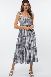 Black Gingham Ruffle Tiered Midi Dress