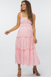 Pink Gingham Ruffle Tiered Maternity Midi Dress