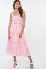 Pink Gingham Ruffle Tiered Midi Dress