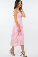 Pink Gingham Ruffle Tiered Midi Dress