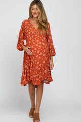 Rust Floral Asymmetrical Hem Maternity Dress