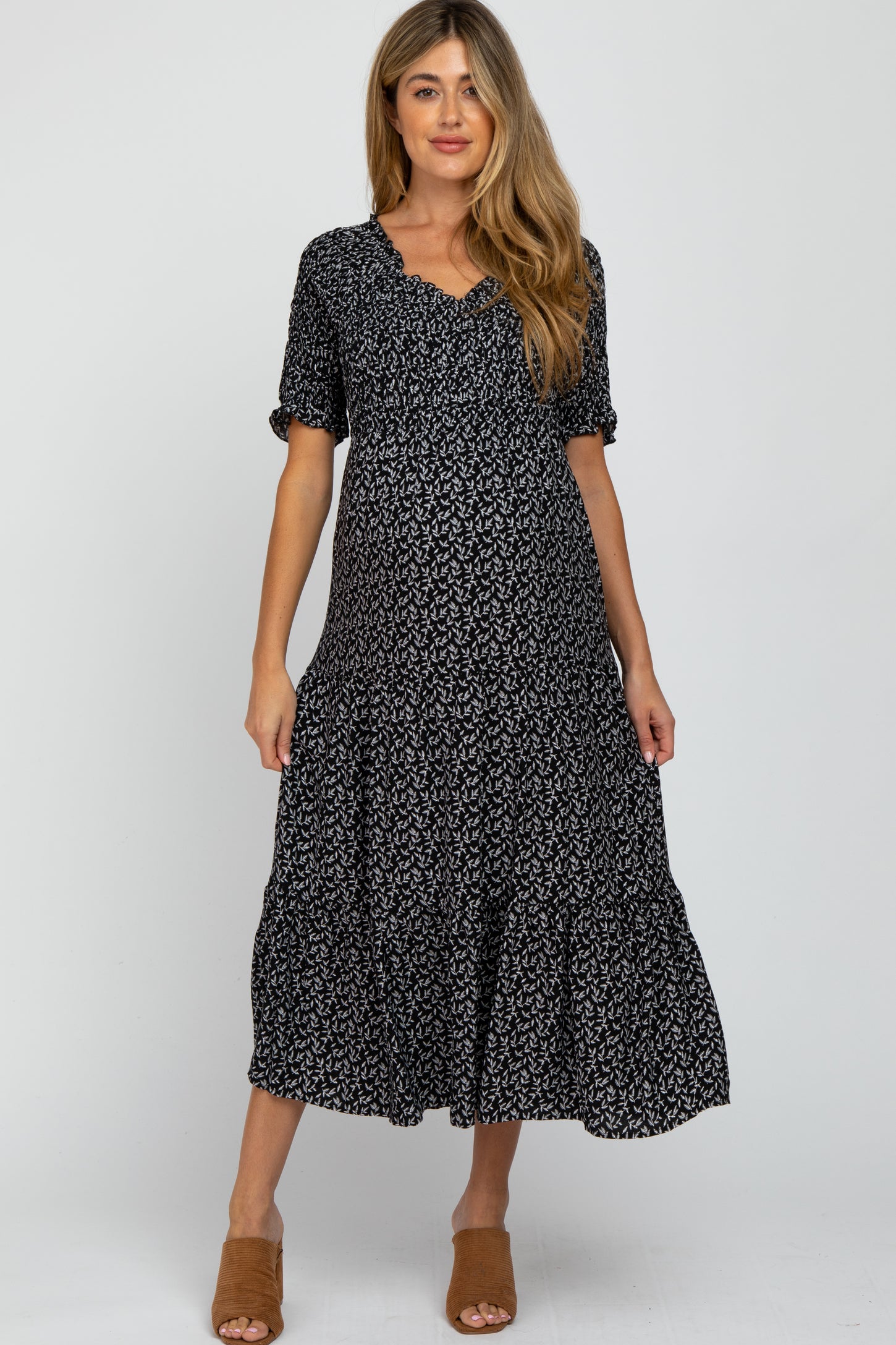 Black Leaf Print Wrap Smocked Maternity Dress – PinkBlush