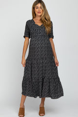 Black Leaf Print Wrap Smocked Maternity Dress