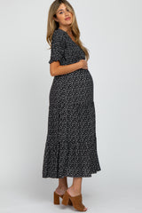 Black Leaf Print Wrap Smocked Maternity Dress