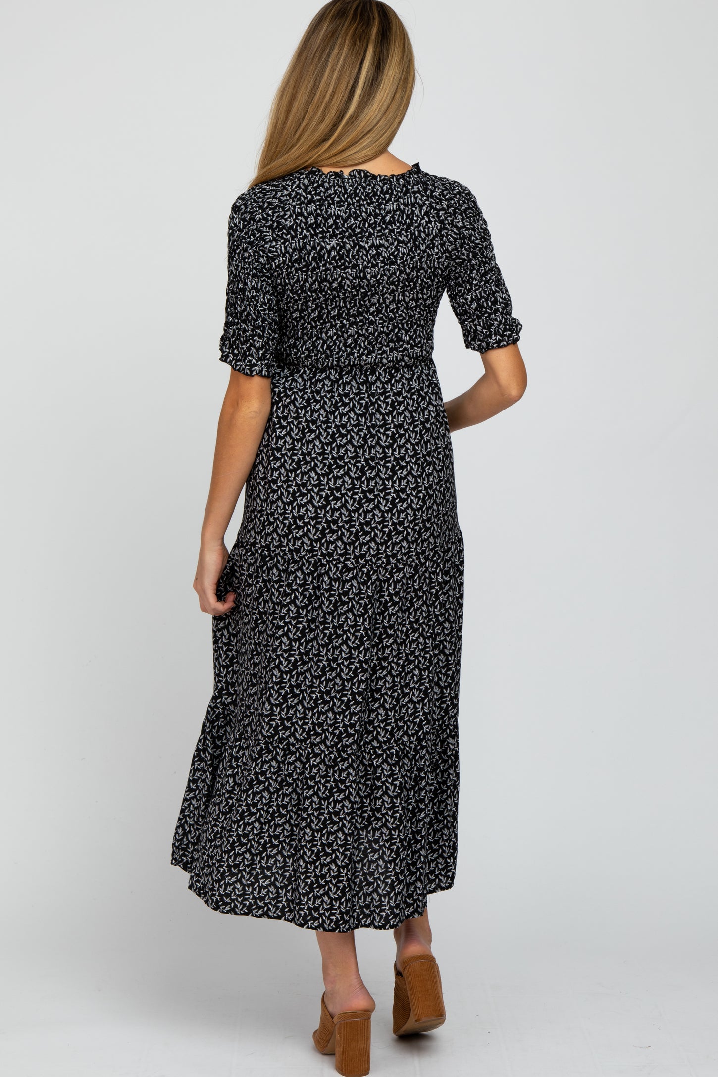 Black Leaf Print Wrap Smocked Maternity Dress – PinkBlush