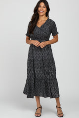 Black Leaf Print Wrap Smocked Dress