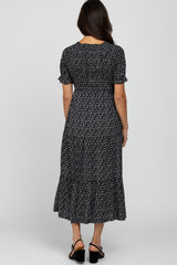 Black Leaf Print Wrap Smocked Dress