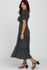 Black Leaf Print Wrap Smocked Dress