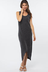 Black Striped Wrap Hem Maternity Midi Dress