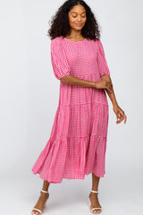 Fuchsia Gingham Tiered Maternity Midi Dress