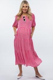 Fuchsia Gingham Tiered Maternity Midi Dress