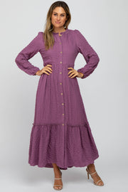 Plum Ruffle Neck Button Front Maxi Dress