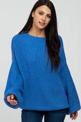 Blue Mock Neck Puff Sleeve Sweater